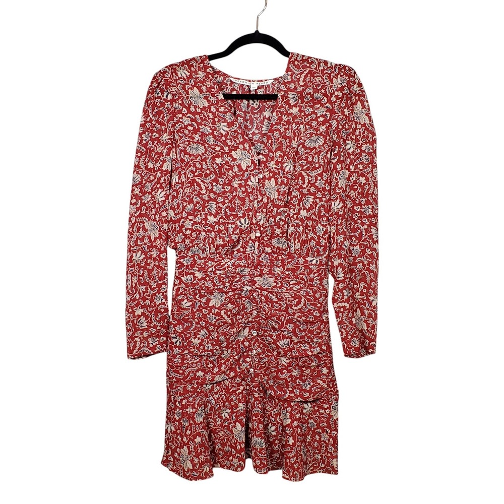Veronica Beard Marion 100% Silk Dress Red Floral Ruched Mini Long Sleeve